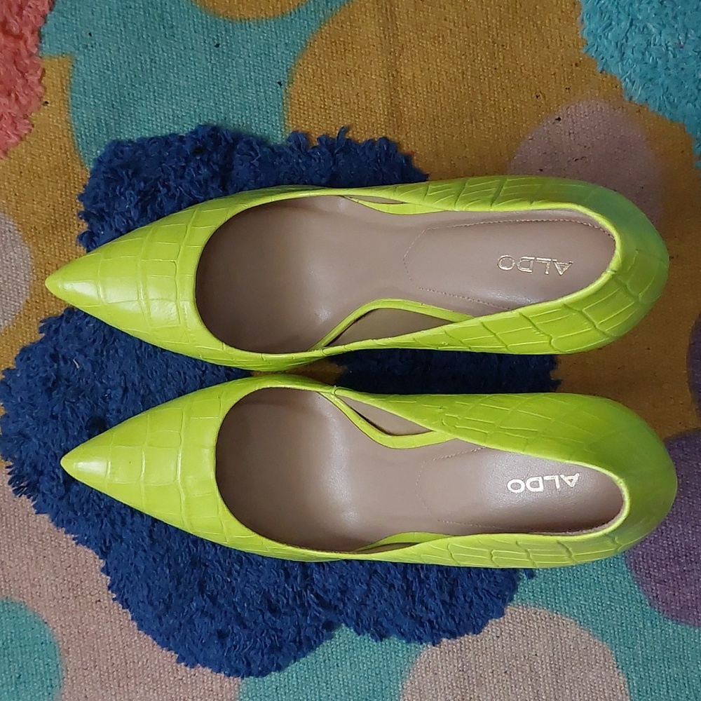 Aldo Neon Yellow/Green Crocodile Heels Sz 10 + Mathching Unbranded Bag - Picture 6 of 16